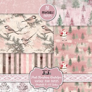 May include: A set of 16 printable digital papers featuring a pink and white Christmas theme. The papers include patterns of birds, trees, and Santa Claus figures. The papers are 11 x 8.5 inches.