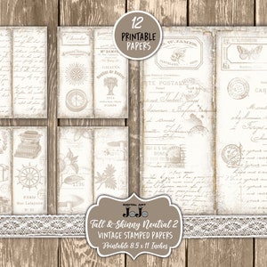 Printable Tall and Skinny Junk Journal Pages Kit, Neutral Stamped ...