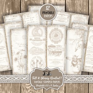 Printable Tall and Skinny Junk Journal Pages Kit, Neutral Stamped ...