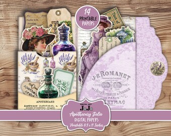Apothecary Junk Journal Folio Printables, Scrapbook Digital Wallet, Herbs Simple Craft Kit, Gift Card Holder, Vintage Ephemera, Shabby Chic