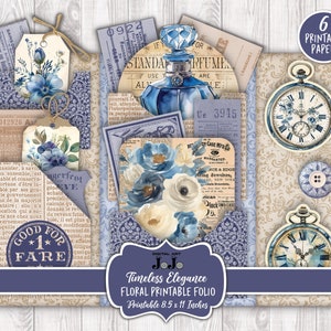 May include: A set of six printable papers featuring a vintage floral theme with blue and white flowers, clocks, and a perfume bottle. The papers are designed for scrapbooking, card making, and other paper crafts. The papers are 8.5 x 11 inches.