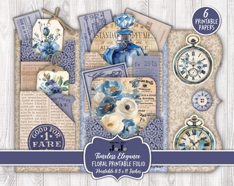 Pode incluir: Um conjunto de seis papéis imprimíveis com um tema floral vintage com flores azuis e brancas, relógios e um frasco de perfume. Os papéis são projetados para scrapbooking, criação de cartões e outras manualidades de papel. Os papéis medem 8,5 x 11 polegadas.