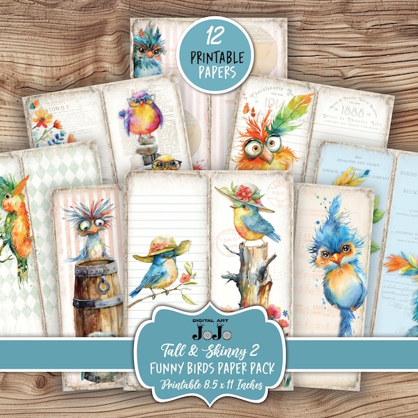 Funny Birds Tall And Skinny Junk Journal Pages, Whimsical Scrapbook Vintage Papers, Nature Collage Kit,  Digital Download, Thin Ephemera Set