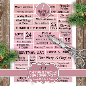 Rosa Weihnachten Junk Journal Wortetiketten, Winter Scrapbook druckbare digitale Zitate Set, Collage Xmas Phrase Kit, Ephemera Digi Words Bundle