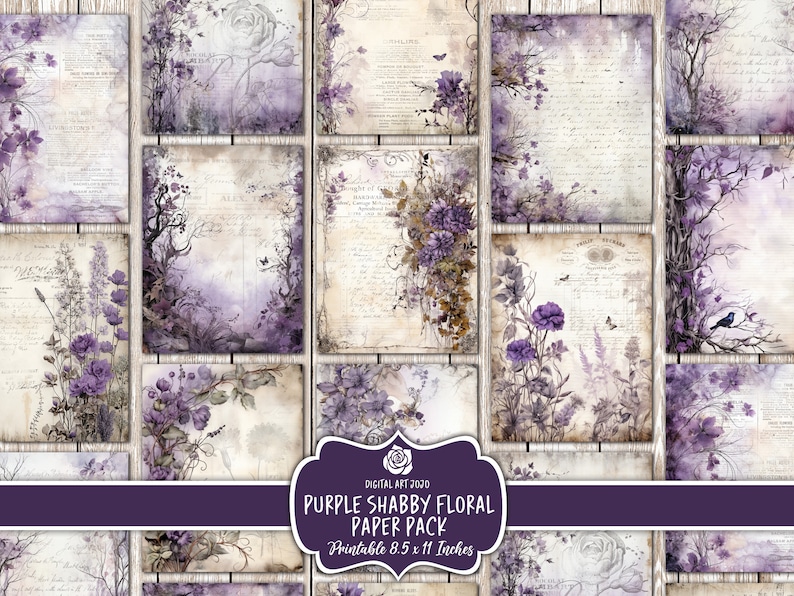 Vintage Purple Floral Digital Pages, Lilac Printable Scrapbook Papers ...
