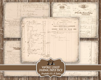 Può includere: Un set di sei fogli di carta per giornale di contabilità vintage stampabili su uno sfondo di legno a grana marrone. I fogli misurano 8,5 x 11 pollici e presentano testo scritto a mano e linee sbiadite.