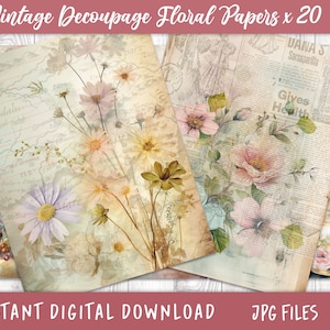 Papeles de decoupage floral vintage, suministros de diario basura, papel de Scrapbook, medios mixtos, papeles de collage, descarga digital, hecho a mano, imprimible