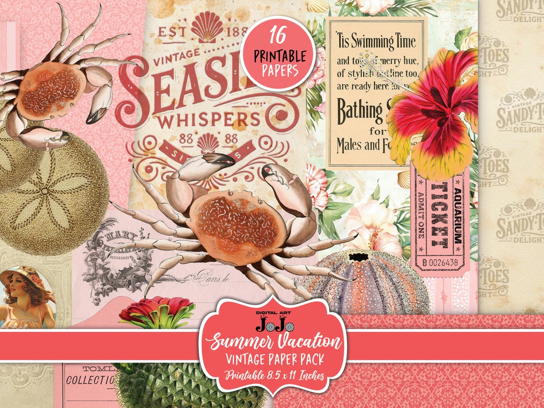 Beach Junk Journal Papers Kit, Vintage Summer Scrapbook Pages Set ...