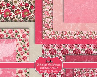 Cyfrowy papier do dziennika Valentine Junk, zestaw stron do scrapbookingu z różami, arkusze kolażu w kolorze czerwonym i różowym, rzemiosło Love Flowers, romantyczne pobieranie do druku