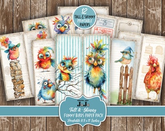 Funny Birds Tall And Skinny Junk Journal Pages, Whimsical Scrapbook Vintage Papers, Nature Collage Kit,  Digital Download, Thin Ephemera Set