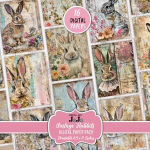 Printable Rabbit Junk Journal Papers, Vintage Spring Scrapbook Pages, Collage Sheets, Shabby Chic Easter Ephemera, Crafting Floral Digi Set