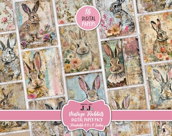 Printable Rabbit Junk Journal Papers, Vintage Spring Scrapbook Pages, Collage Sheets, Shabby Chic Easter Ephemera, Crafting Floral Digi Set