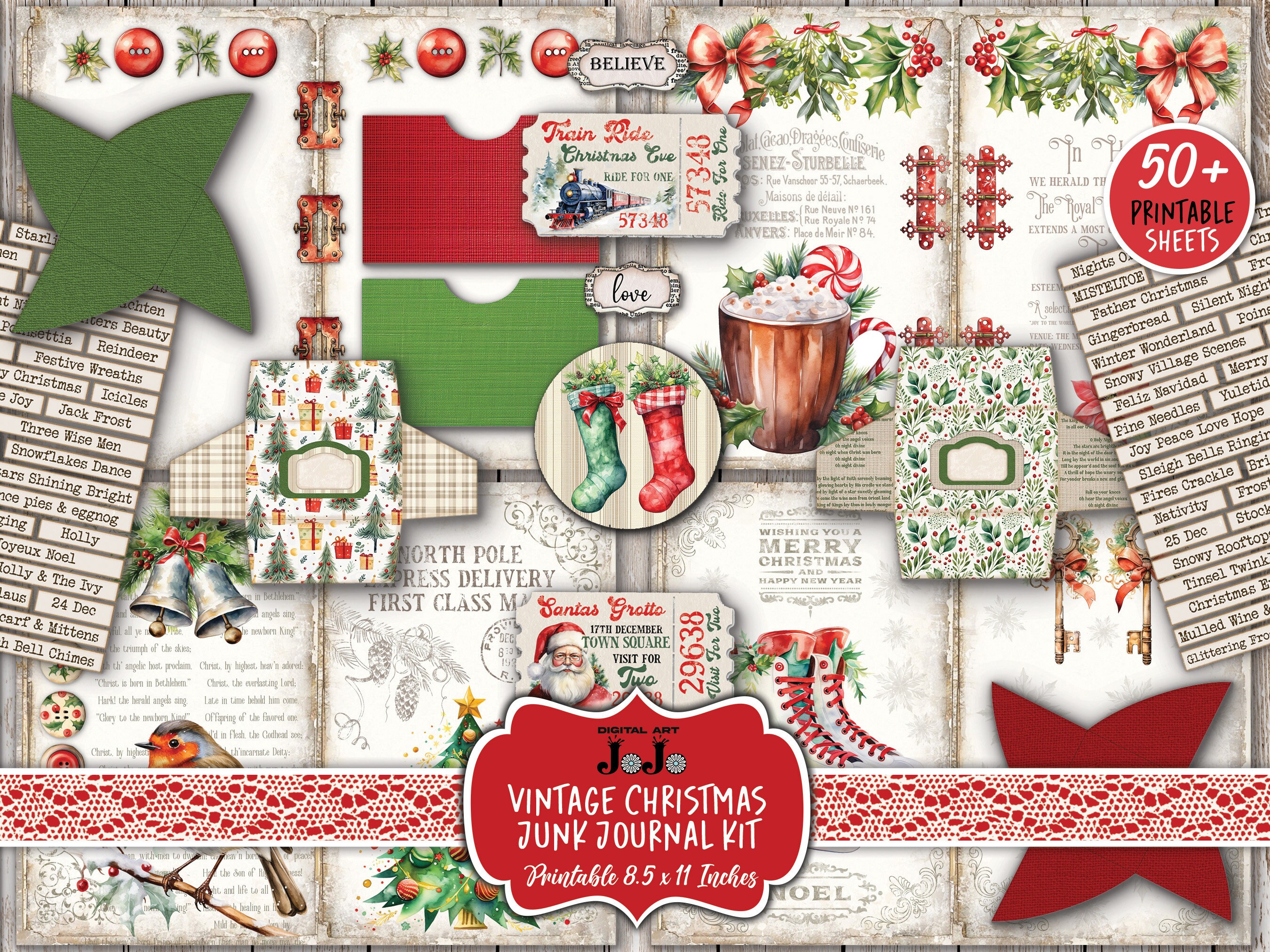 Christmas Junk Journal Kit, Xmas Digital Printable Pages, Vintage ...