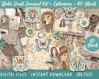 May include: A collection of digital ephemera for junk journals. The image features various illustrations, including a fox, elephant, butterfly, and dog, with text that reads "Boho Junk Journal Kit + Ephemera - 40 Sheets". The words "Digital Files", "Instant Download", and "JPG Files" are also visible.