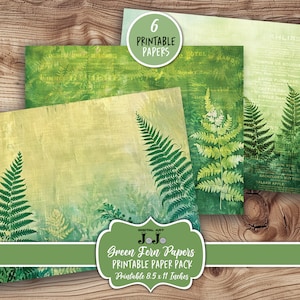 Kit de papiers pour carnet vert indésirable, ensemble de pages imprimables de scrapbooking nature, paquet de feuilles de collage fougère vintage, éphémères imprimables, téléchargement immédiat