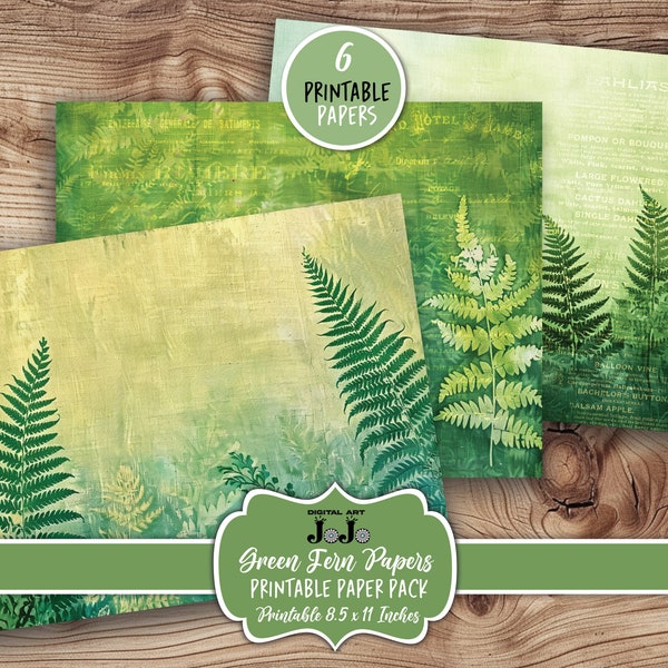 Green Junk Journal Papers Kit, Printable Nature Scrapbook Pages Set, Vintage Fern Collage Sheet Pack, Printable Ephemera, Instant Download