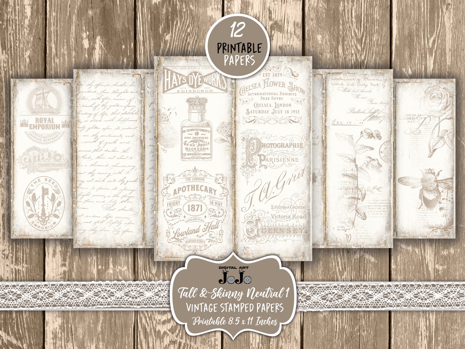 Printable Tall and Skinny Junk Journal Pages Kit, Neutral Stamped ...