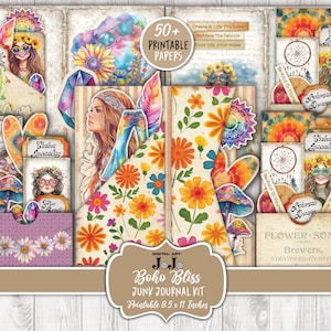 Kit de diario basura hippie, páginas de scrapbooking boho, conjunto de papeles boho imprimibles, paquete de efímeras vintage, suministros de collage de artesanía gitana digital