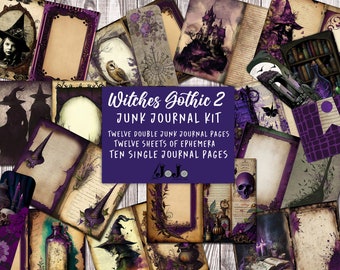 Gothic Witch Junk Journal Kit, Digital Download, Printable Pages, Ephemera, Bookmarks, Pockets, Journaling Supplies, Witchcore, Grimoire