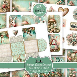 Junk Journal Kit, Printable Valentine's Day, Easter Bunny Love, Hearts Scrapbook Paper, Vintage Rabbit Digital Pages, Mixed Media Download