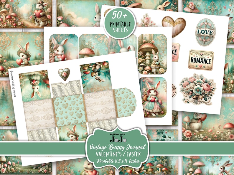 Junk Journal Kit, Printable Valentine's Day, Easter Bunny Love, Hearts Scrapbook Paper, Vintage Rabbit Digital Pages, Mixed Media Download