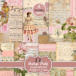 May include: A collage sheet of six printable digital papers featuring vintage illustrations of flowers, music, and text in pink, white, and brown tones. The papers are 8.5 x 11 inches.