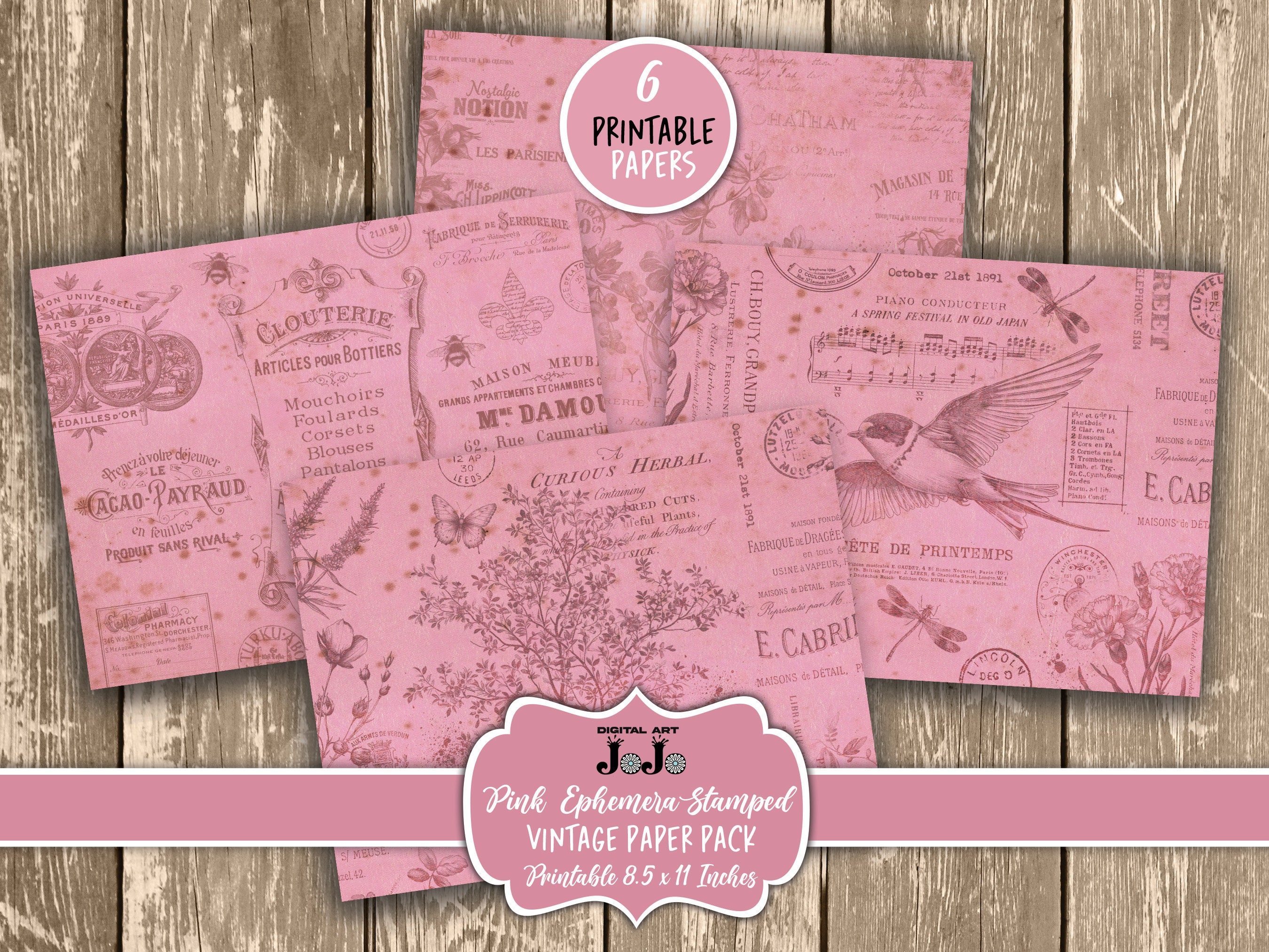 Pink Junk Journal Papers Kit, Printable Floral Scrapbook Pages Set ...