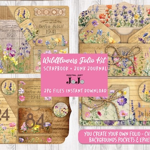 Junk Journal Folio Kit, Wildflowers Folder Printable, Junk Journal Digis, Pockets, Tags, Fussy Cuts, Envelopes, Digital Download, Flowers