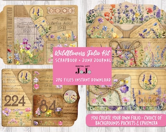Junk Journal Folio Kit, Wildflowers Folder Printable, Junk Journal Digis, Pockets, Tags, Fussy Cuts, Envelopes, Digital Download, Flowers