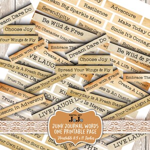 Palavras de diário, citações inspiradoras, etiquetas vintage efêmeras para impressão, kit de download digital, adesivos de registro positivo no diário, conjunto de afirmações