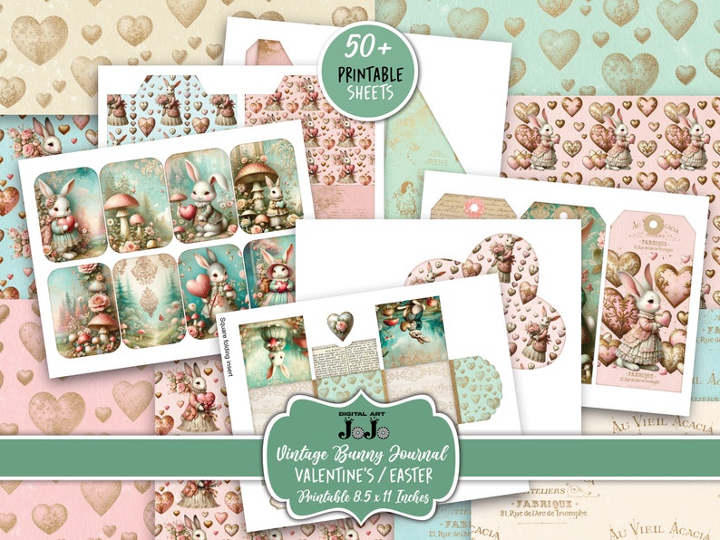 Junk Journal Kit, Printable Valentine's Day, Easter Bunny Love, Hearts Scrapbook Paper, Vintage Rabbit Digital Pages, Mixed Media Download
