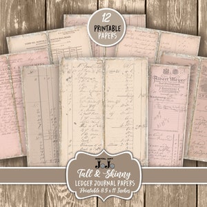 Libro mayor alto y delgado páginas de diario basura, kit de álbum de recortes neutro, Shabby Chic, papeles vintage, kit de collage en blanco, descarga digital efímera