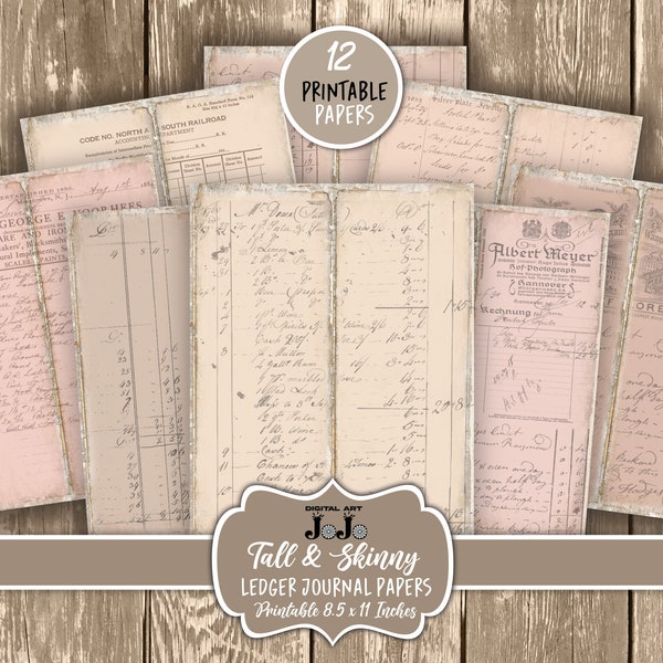 Ledger Tall And Skinny Junk Journal Pages, Neutral Scrapbook Kit, Shabby Chic, Vintage Papers, Blank Collage Kit,  Ephemera Digital Download