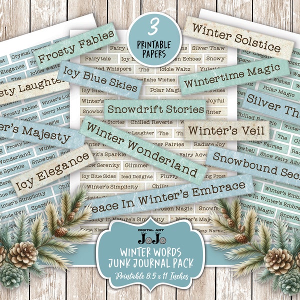 Winter Junk Journal Words, Christmas Printable Word Labels, Scrapbook Digital Quotes, Collage Xmas Phrase Kit, Ephemera Bundle, Holiday Digi