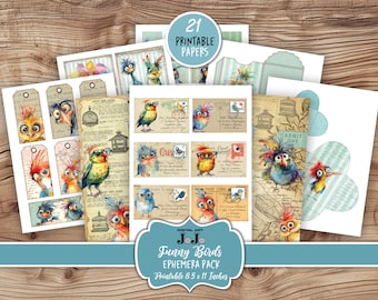 Funny Birds Junk Journal Ephemera Kit, Whimsical Scrapbook Fussy Cuts, Vintage Handmade Crafts, Digital Download, Envelopes, Tags, Pockets