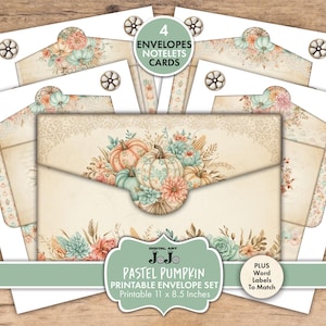May include: A pastel-colored printable envelope set featuring pumpkins and floral arrangements. The set includes envelopes, notecards, and word labels. The envelope measures 11 x 8.5 inches. The design includes the text "PASTEL PUMPKIN".