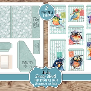 Funny Birds Printable Folio, Junk Journal Ephemera Kit, Whimsical Scrapbook Wallet, Vintage Handmade Crafts, Digital Download, Flip Cards
