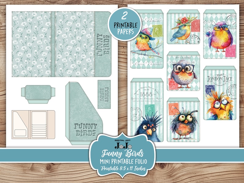Funny Birds Printable Folio, Junk Journal Ephemera Kit, Whimsical Scrapbook Wallet, Vintage Handmade Crafts, Digital Download, Flip Cards