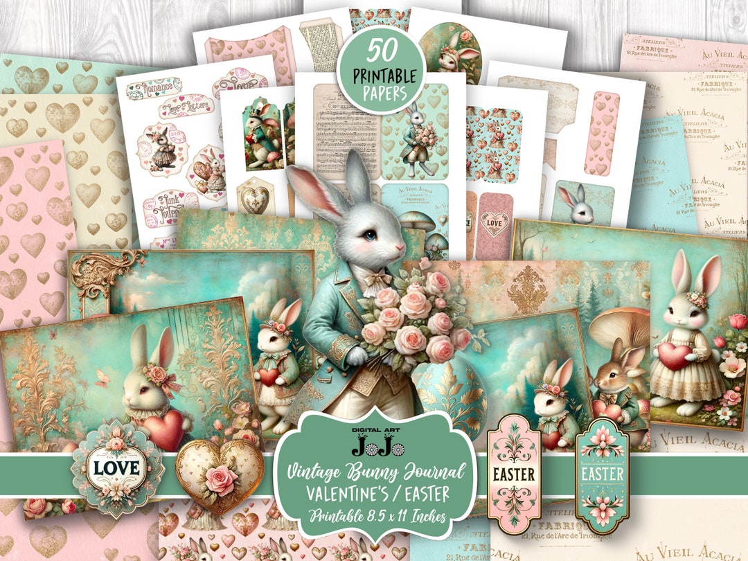 Junk Journal Kit, Printable Valentine's Day, Easter Bunny Love, Hearts ...