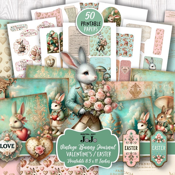 Junk Journal Kit, Printable Valentine's  Day, Easter Bunny Love, Hearts Scrapbook Paper, Vintage Rabbit Digital Pages, Mixed Media Download