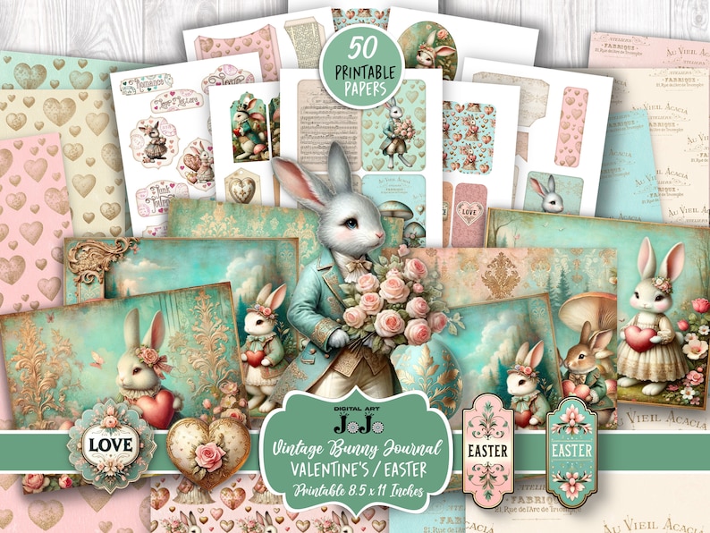 Junk Journal Kit, Printable Valentine's Day, Easter Bunny Love, Hearts Scrapbook Paper, Vintage Rabbit Digital Pages, Mixed Media Download