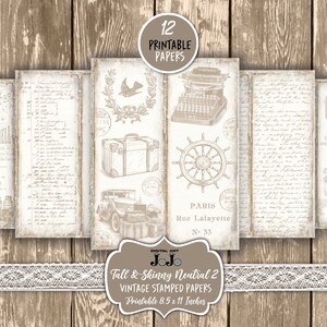 Printable Tall and Skinny Junk Journal Pages Kit, Neutral Stamped ...