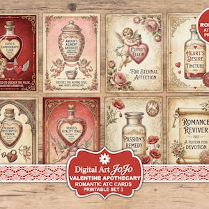 Etiquetas imprimibles de boticario romántico vintage, elixir de poción de amor, kit de diario basura de San Valentín, collage victoriano para álbum de recortes.