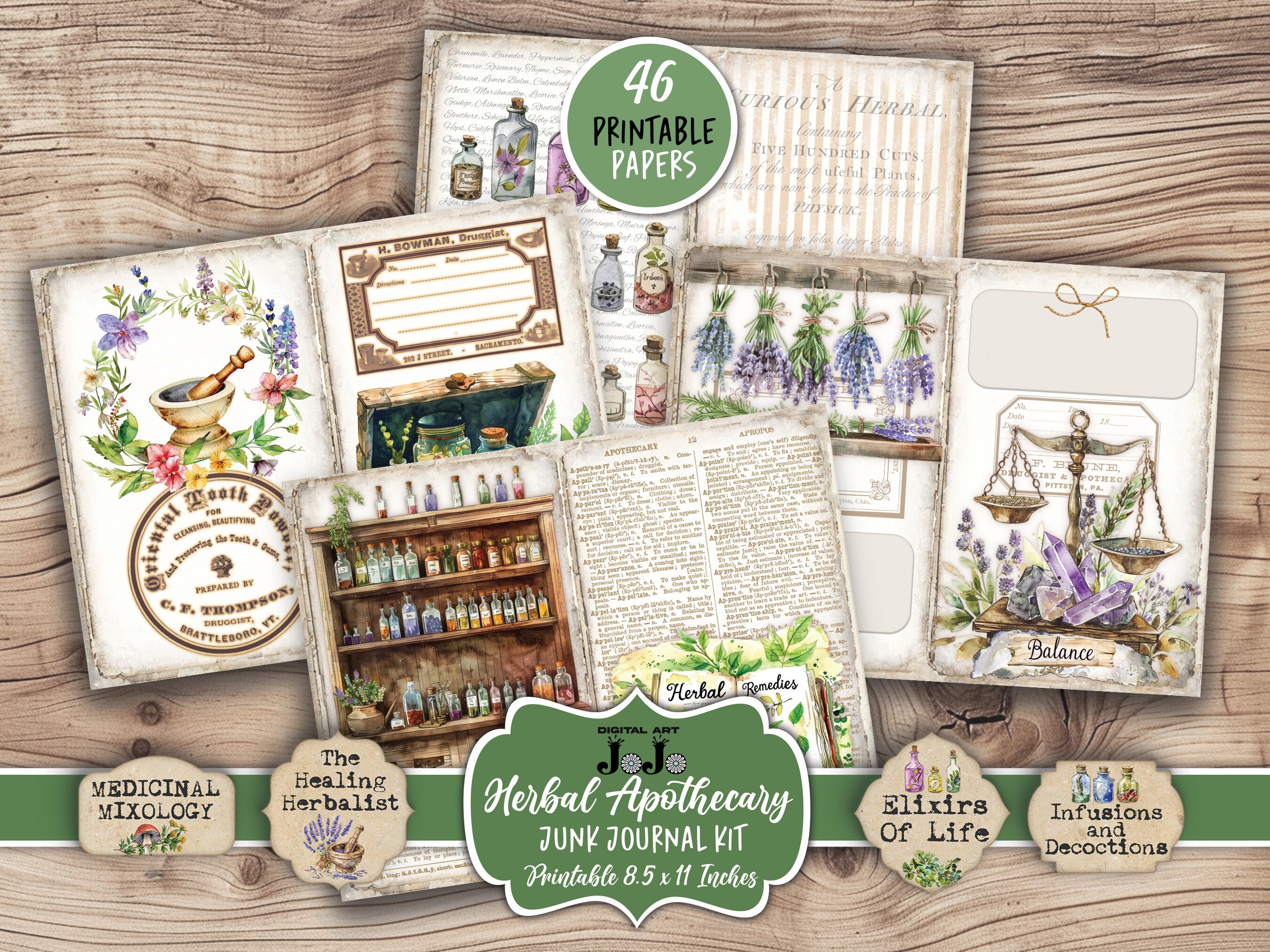 Apothecary Junk Journal Kit, Herbal Healing Scrapbook Page Supplies, Printable Vintage Ephemera ...