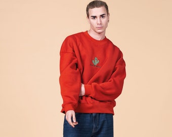 Oversized Terracotta Sweatshirt - Embroidered Cactus Print, 100% Cotton Fleece, Sizes S-M-L Available