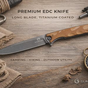 Long Blade EDC Folding Knife with Titanium Coated 5Cr14 Steel, G10 Handle CNC Machined Outdoor Utility Knife for Camping Hiking