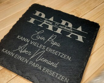 Personalisierter Glas Untersetzer für Papa, zum Geburtstag oder zum Vatertag, aus Schiefer, Geschenk mit Namen der Kinder, aus Naturstein