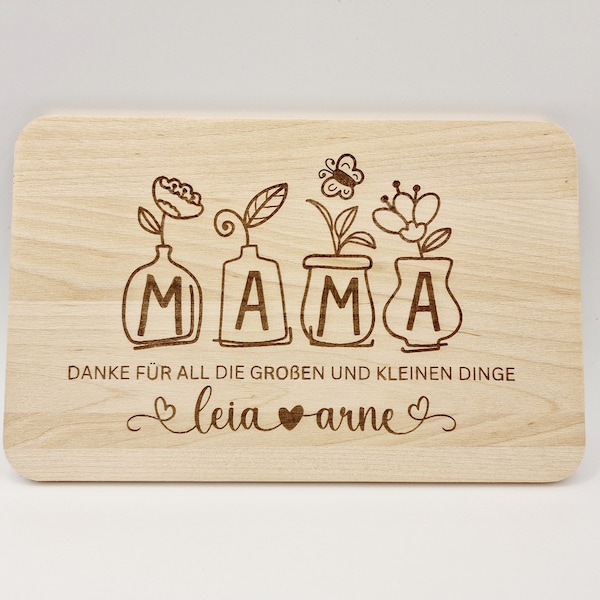 Personalisiertes Frühstücksbrett für Mama, zum Geburtstag, Muttertag, Holz graviert mit Namen, Geschenk für Mutter, Schneidebrett, Blumen