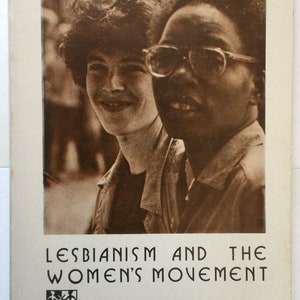 May include: A black and white photo of two people, a woman with short curly hair and a man wearing glasses, on the cover of a book titled "Lesbianism and the Women's Movement" published by Diana Press. The book costs $3.50.