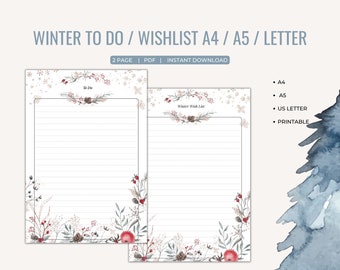 Winter To Do List / Wish List Printable for planners, notebooks and journals, Lined, A4, A5, US Letter